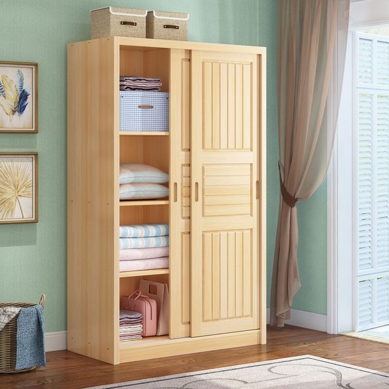 Modern Pine Wood Storage Cabinet Natural Finish Armoire for Home