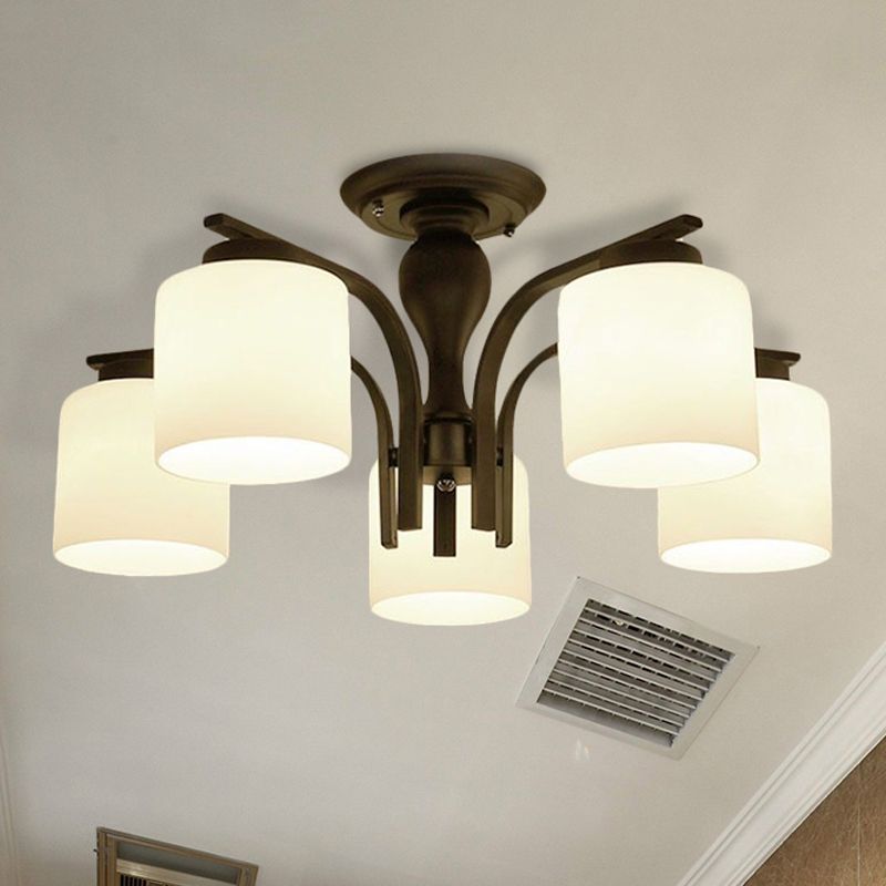 3/5/6 Lights Semi Flush Mount Traditional Cylinder Frosted Glass Ceiling Light in Black for Bedroom