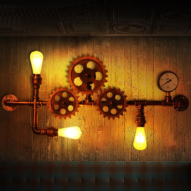 Rust Gear Shape Sconce Lamp Industrial Metallic 3 Bulbs Living Room Wall Mount Light with Linear Design