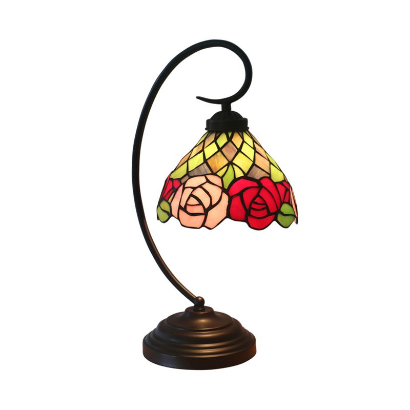 Victorian Bowl Table Lamp 1 Head Stained Art Glass Rose Patterned Desk Lamp in Dark Coffee