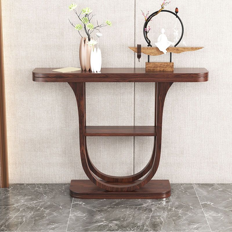 Solid Wood Half Moon Accent Table 2-shelf 33.46" Tall Console Table