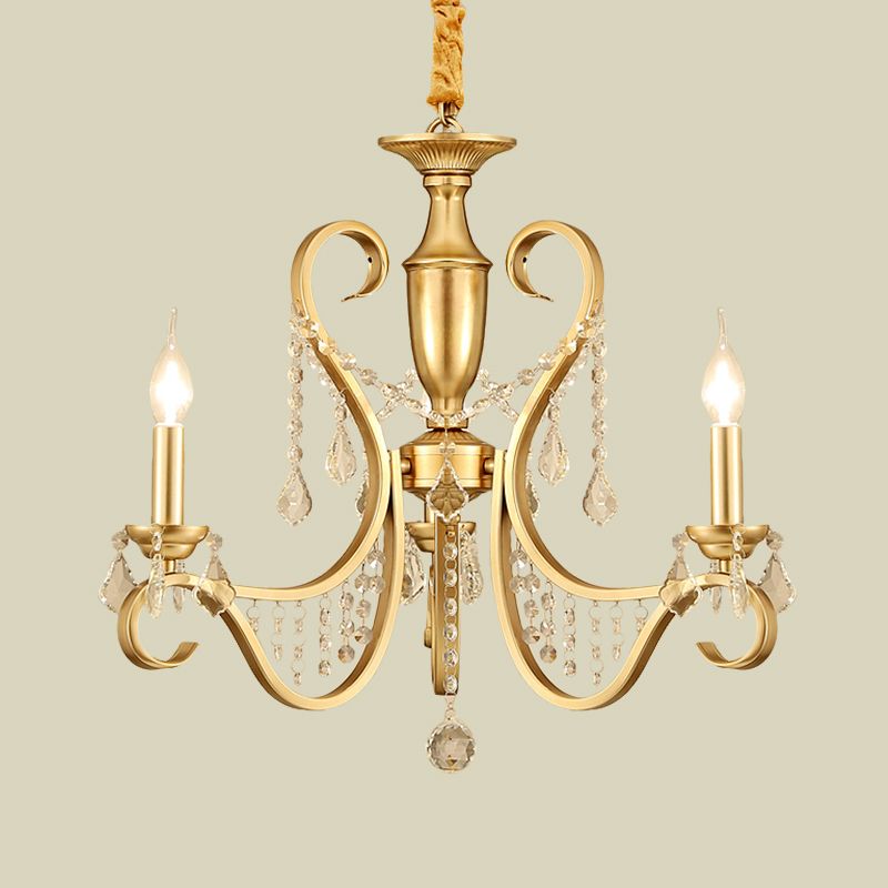 Gold 3-Light Ceiling Chandelier Countryside Metal Candelabra Pendant Lighting with Crystal Accent