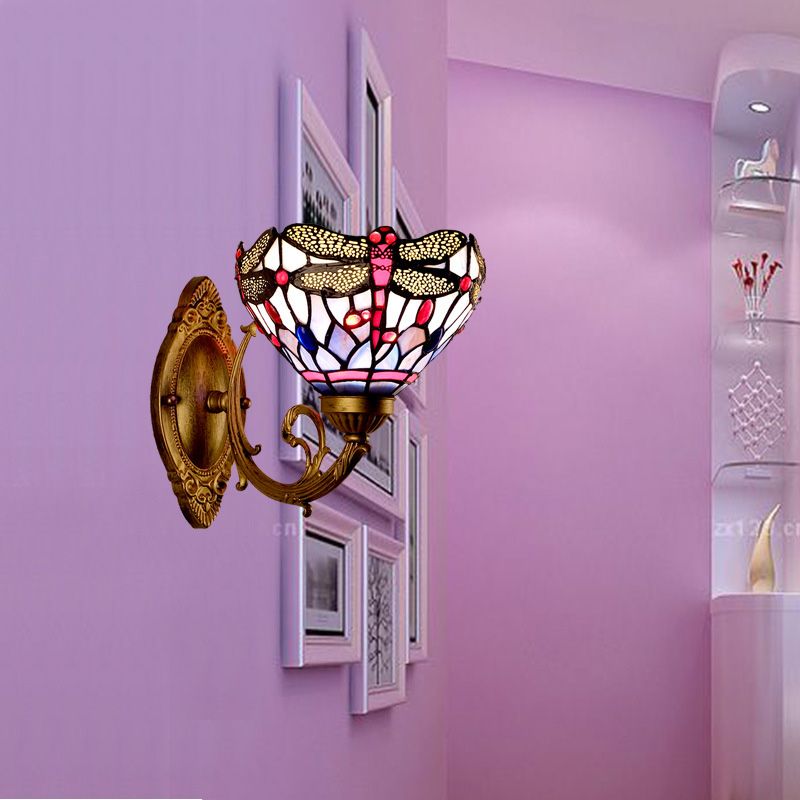Brass Dragonfly Wall Mount Lamp Tiffany 1 Light Hand Cut Glass Sconce Light with Curving Arm