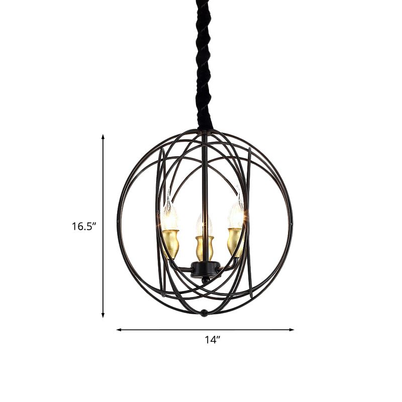 Plafond de bougie noire pendentif rustique métal 3 ampoules Lumière de lustre avec cage globe
