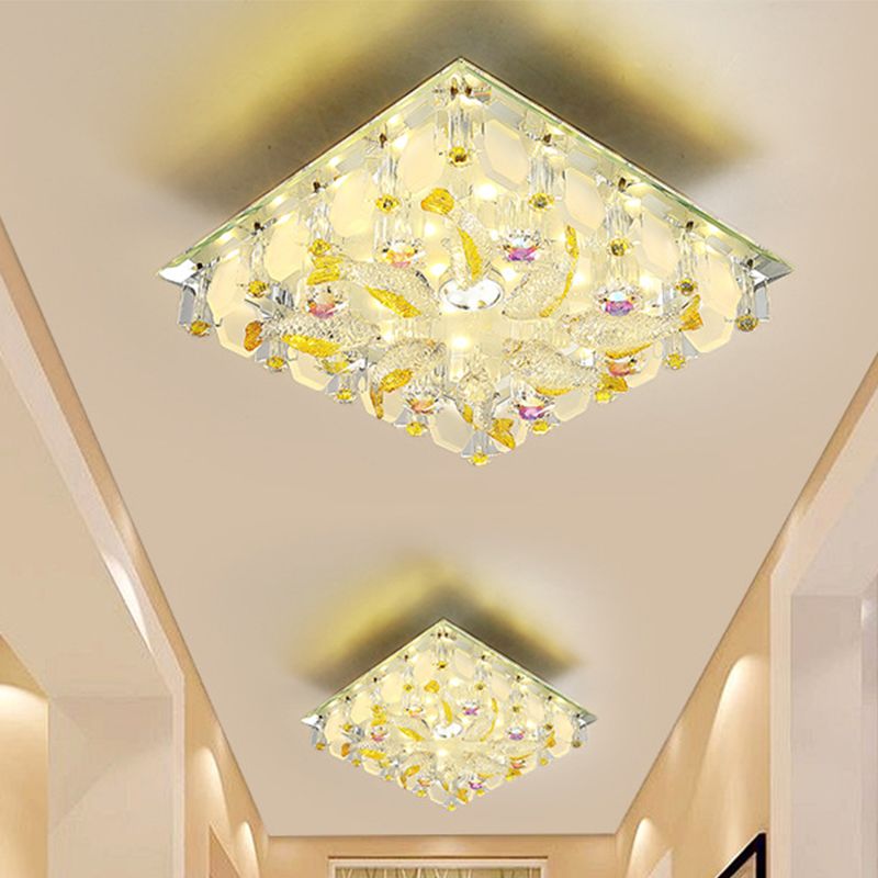 Small Squared LED Flush Ceiling Light Modernist Yellow Crystal Flush Mount Lighting with Fish Design, Warm/White Light
