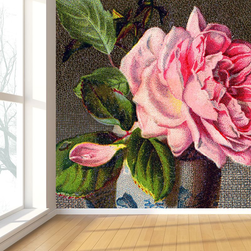 Flower Blossom and Vase Mural Decal Modern Non-Woven Textured Wall Covering in Pink
