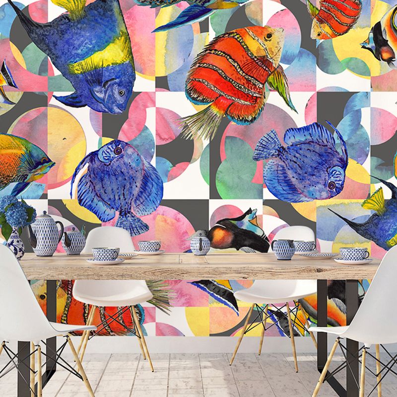 Decorative Non-Woven Fabric Mural Wallpaper Natural Undersea Fish Wall Covering for Living Room