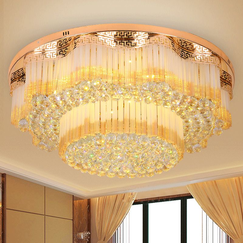 LED Flush Mount Lamp Simple 2-Tiered K9 Crystal Ceiling Light Fixture in Gold for Living Room