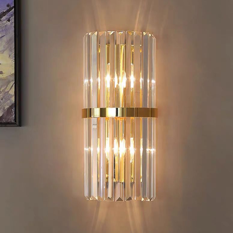 Gold Cylindrical Wall Lamp in Modern Luxury Style Carbon Steel Wall Sconce with Crystal Shade