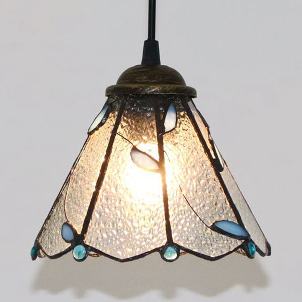 Tiffany Conical Hanging Light 1 Bulb Blue/Clear/Blue-Clear Cut Glass Ceiling Suspension Lamp for Dining Room