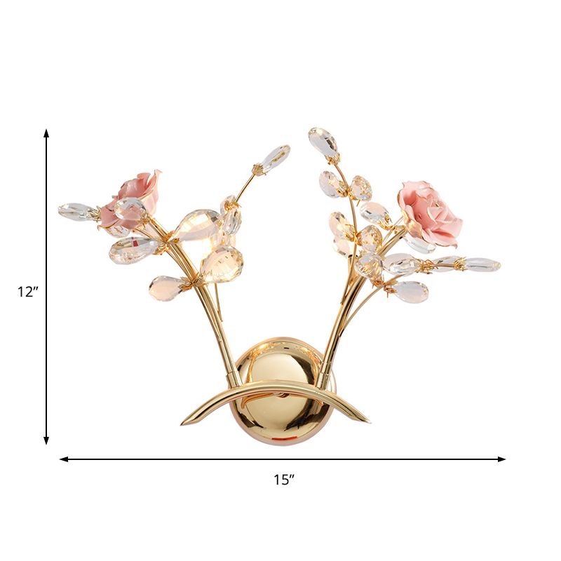 Rose Sconce Lamp with Crystal Leaf Vintage Metal 2 Lights Gold Wall Mount Light for Living Room