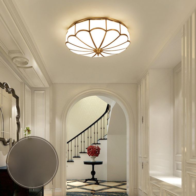 Flush Mount Ceiling Fixture Traditional Bedroom Flush Ceiling Light Fixture with Flower Glass Shade in Brass