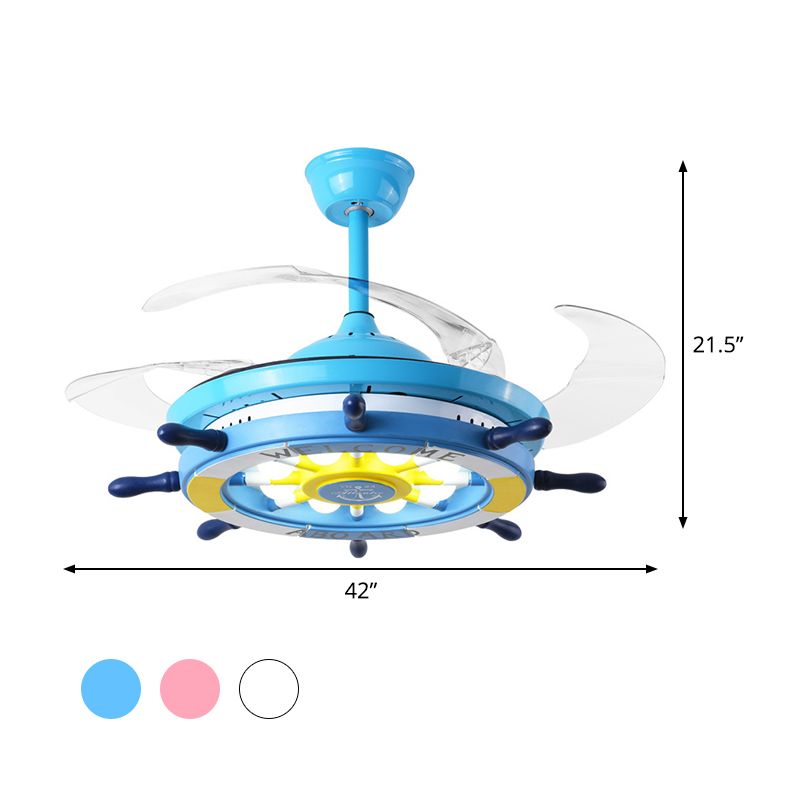 Roer slaapkamer semi -spoel gemonteerd licht kinderen acryl roze/blauw/witte led hangende plafondventilator lamp met 4 heldere messen, 42 "w
