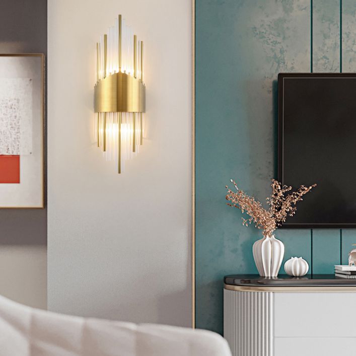 Fluted Crystal Flush Wall Sconce Postmodern Style 2-Bulb Gold Wall Lamp for Living Room