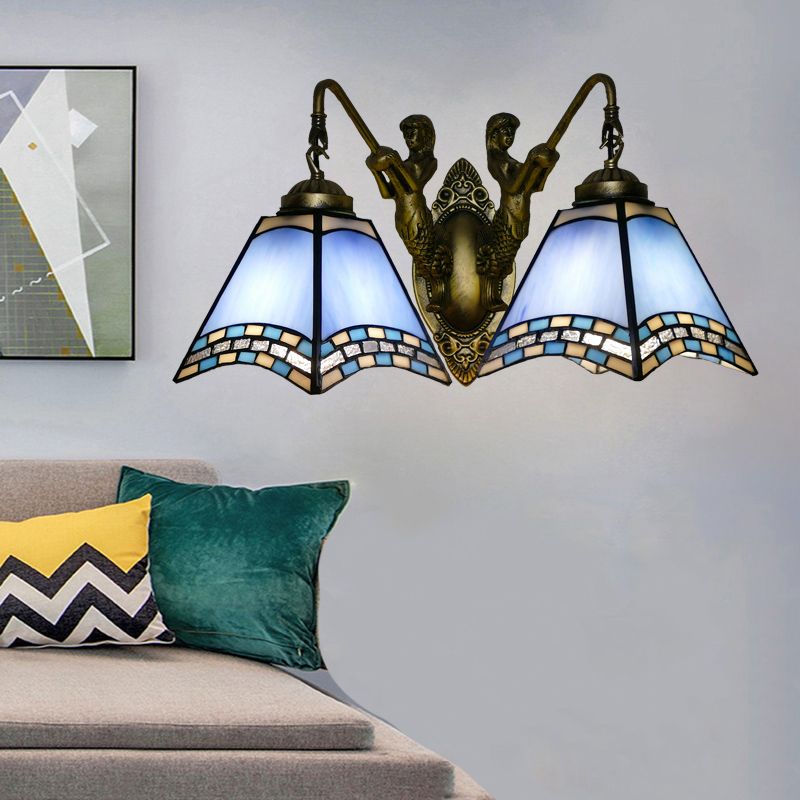 Mediterranean Tapered Wall Mount Light Stained Art Glass Vanity Lighting for Bathroom