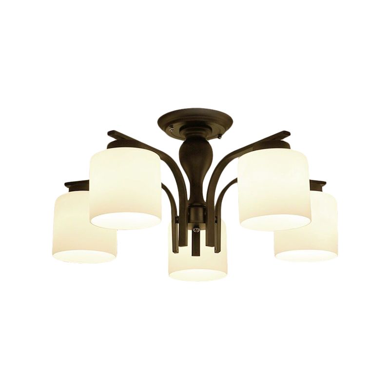 3/5/6 Lights Semi Flush Mount Traditional Cylinder Frosted Glass Ceiling Light in Black for Bedroom