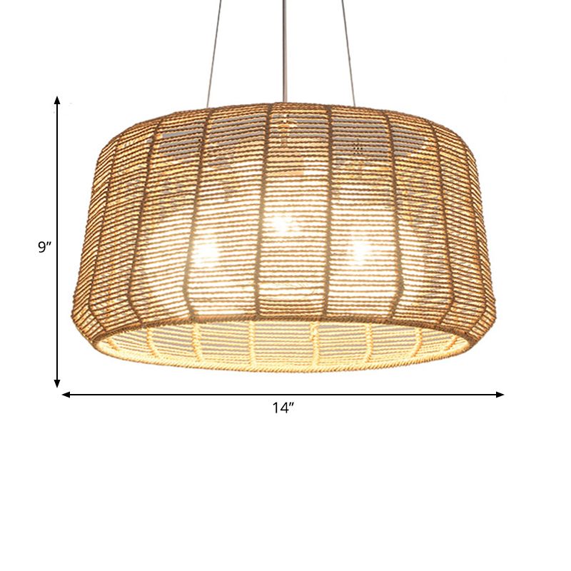 Rope Drum/Teardrop Ceiling Lamp Modern 1 Bulb Hanging Pendant Light in Wood for Living Room