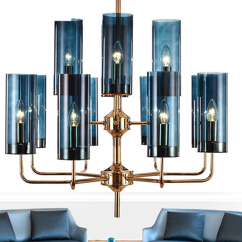 Zylinder Hanging Lamp Kit Postmoderne Blau/Cognac -Glas 12 Köpfe Esszimmer Kronleuchter Beleuchtung