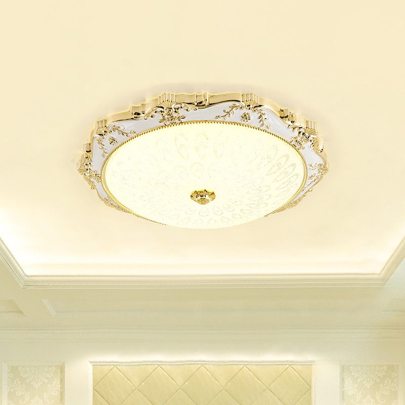 LED Round Ceiling Flush Traditional White and Gold Milky Glass Printed Flush Mount Lighting