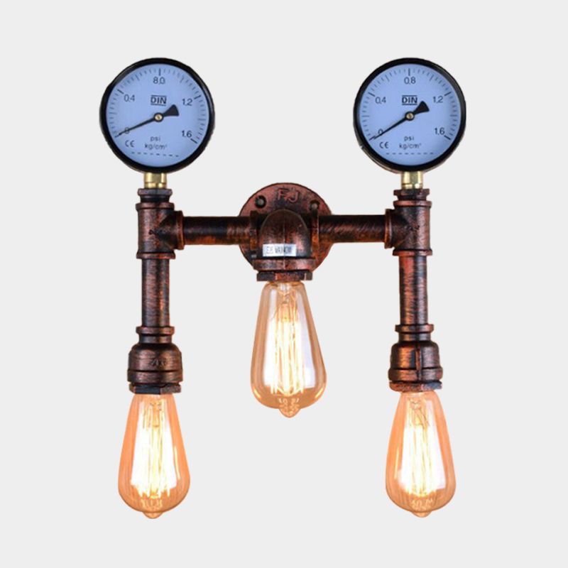 3 Lights Metallic Sconce Light Industrial Copper Exposed Bulb Balcony Wall Lamp with Double Gauge Deco