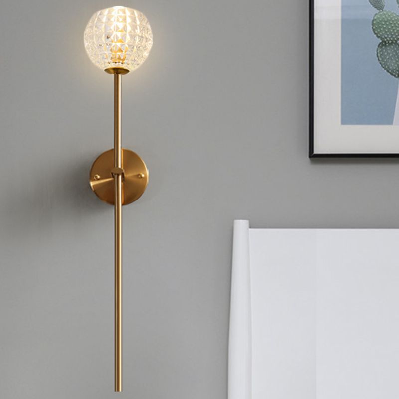 1-Light Wall Lamp Simple Globe/Cone Clear Grid Glass Sconce Light with Clean-Lined Arm in Gold for Hallway