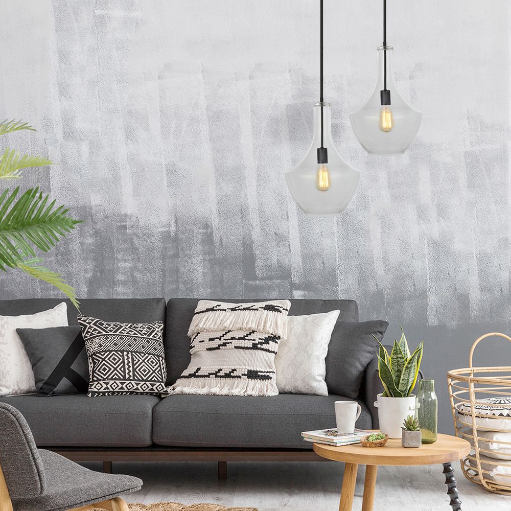 Lámpara colgante de vidrio transparente de 10.5 "/12"/14 "de ancho Lámpara de vidrio transparente 1 Luz de colgante colgante negro para sala de estar para sala de estar