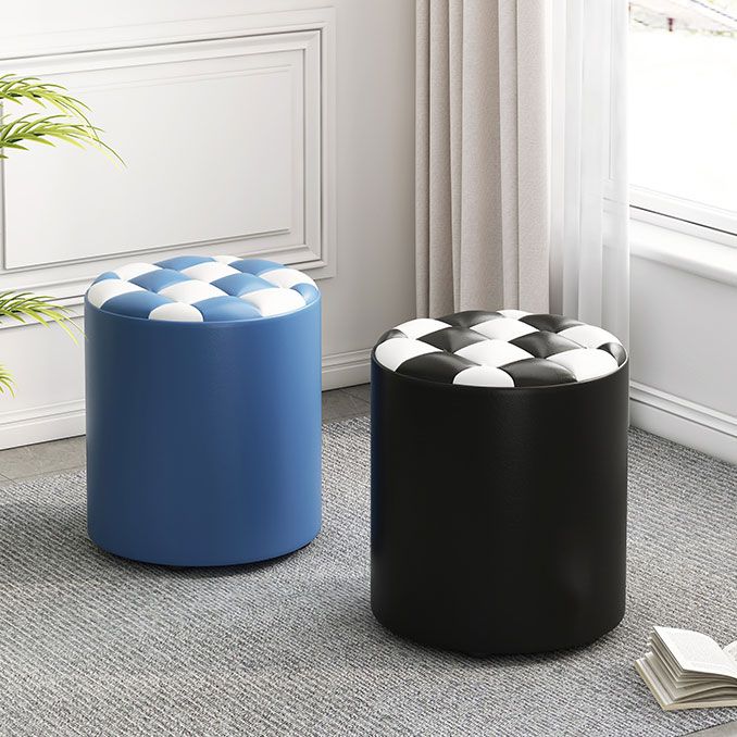 Mid-Century Modern Pouf Ottoman Faux Leather Tufted Square Pattern Round Ottoman