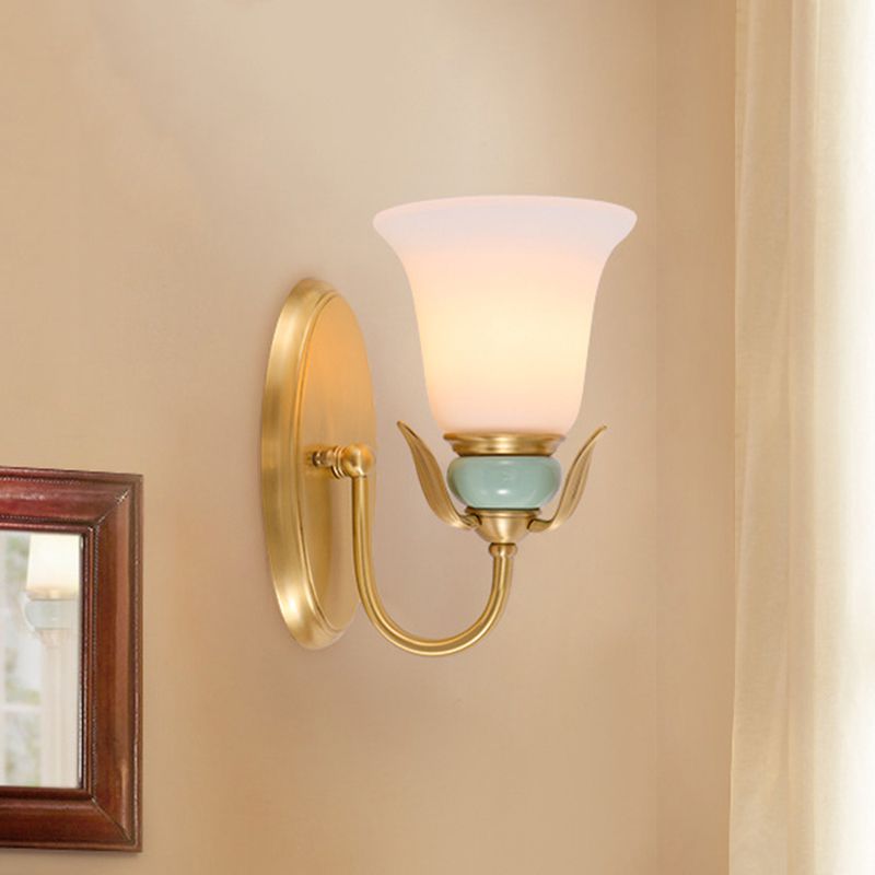 1/2-Head Wall Lighting Vintage Bedroom Wall Mounted Lamp Fixture with Bell White Frosted Glass Shade in Gold