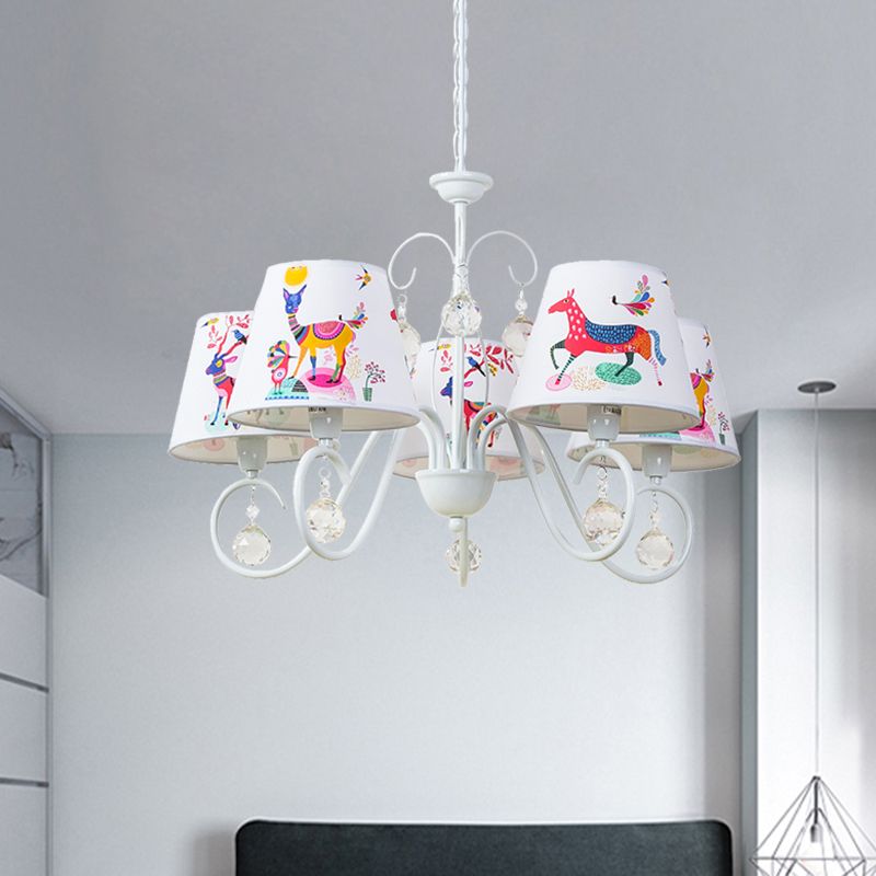 Cone Fabric Suspension Lamp Kids 5 Heads White Pendant Chandelier with Animal Pattern and Crystal Ball