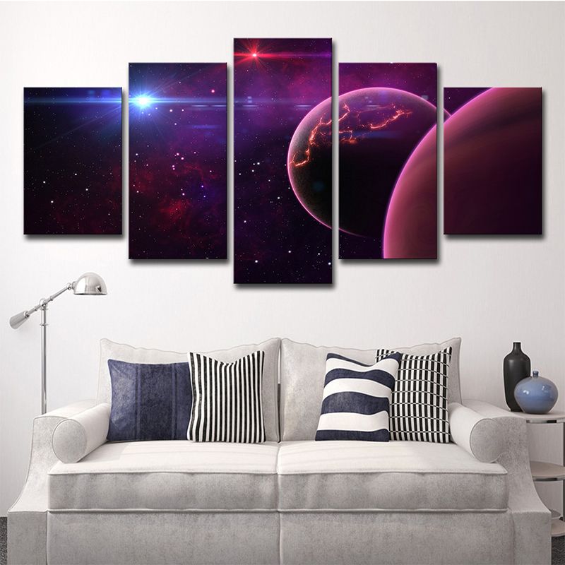 Universe Wall Art Kids Dreamy Planet and Stars Canvas Print in Purple for Bedroom