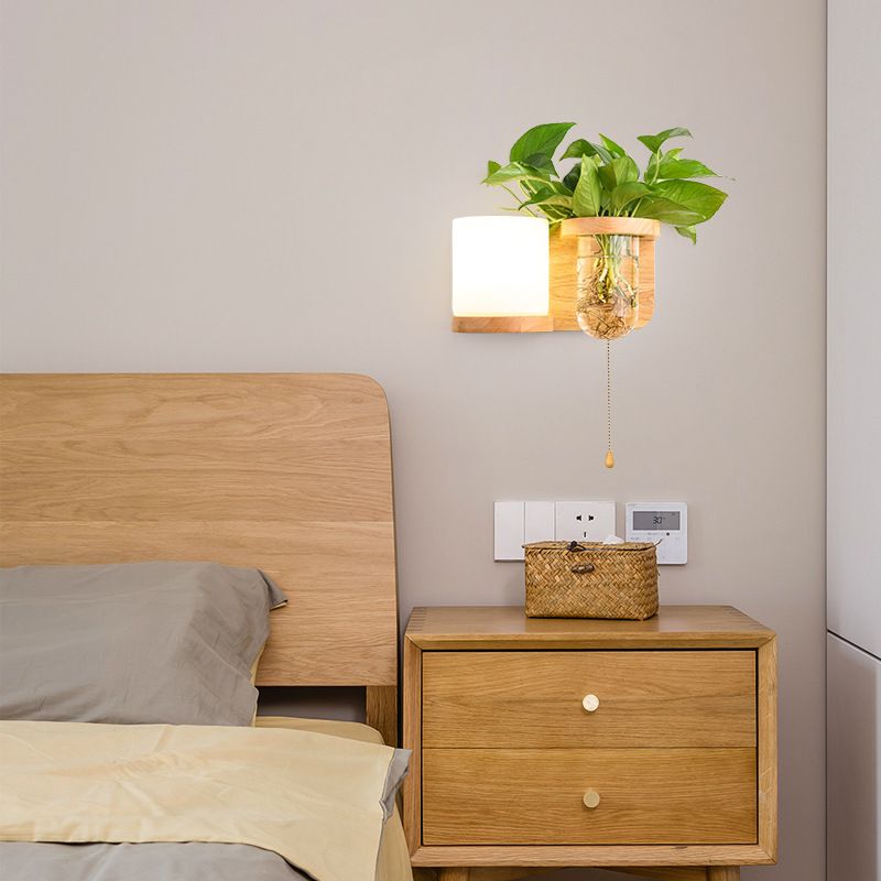Modern Style Wall Light Wood 1 Light Sconces in White for Bedroom without Plant
