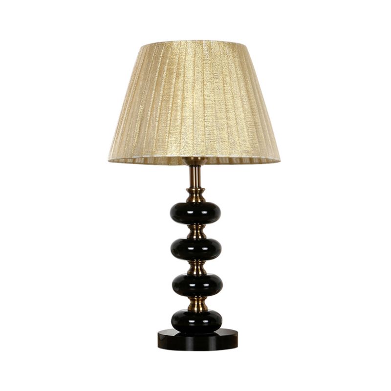 Lámpara de mesita de noche cónica de tela rural con luz de mesa de noche de una sola bombilla color beige con detalles de cristal