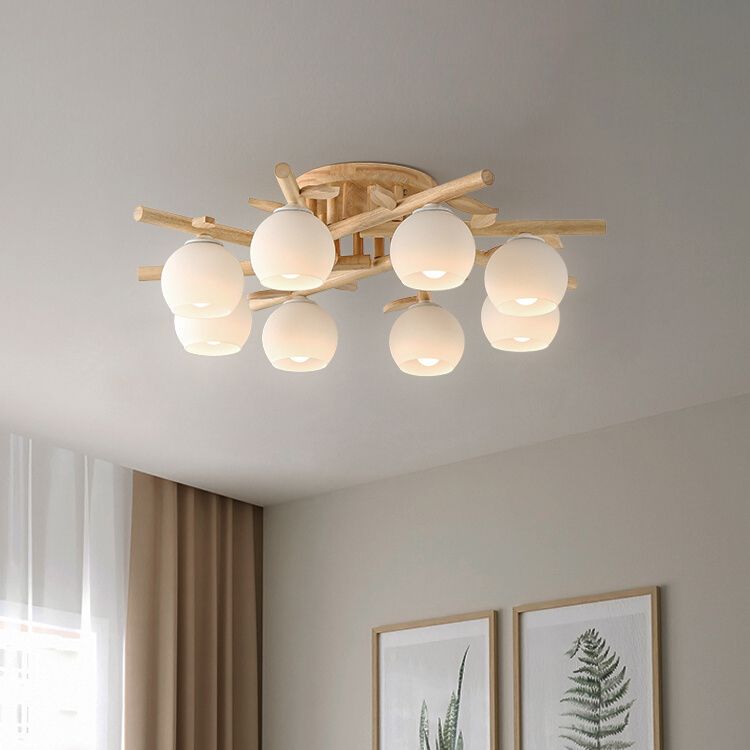 Log Color Indoor Ceiling Fixture in Modern Concise Style Wooden Globe Ceiling Light with Glass Shade