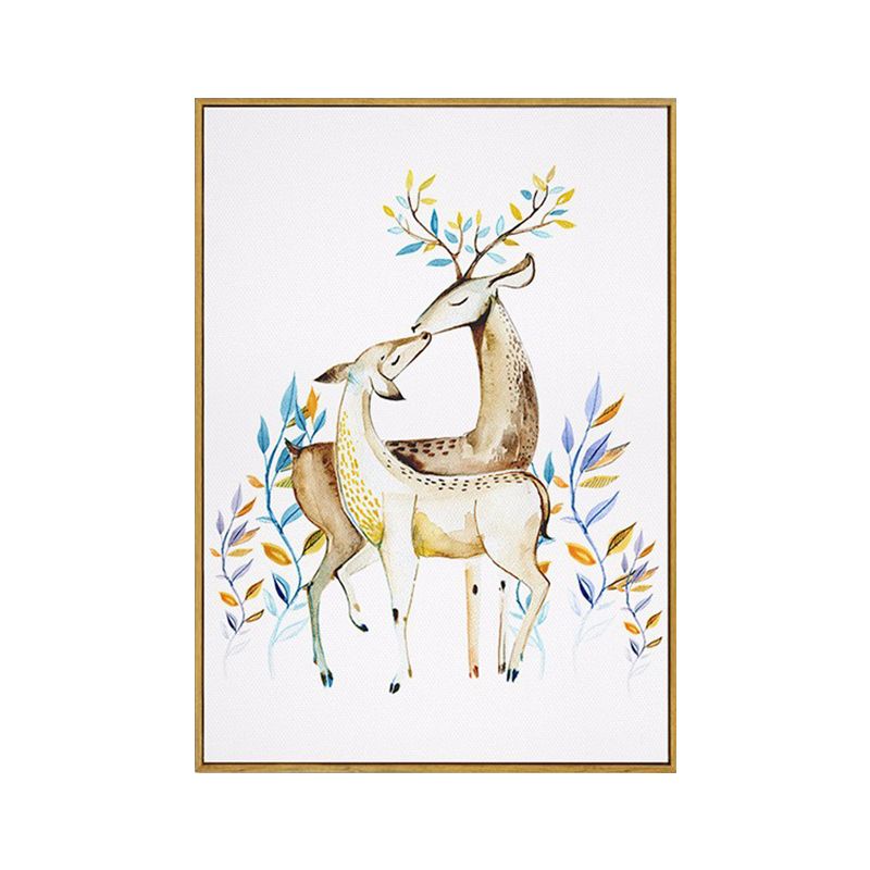 Elk with Flower Antler Art Print Trendy Canvas Wall Decor in Brown for Dorm Room