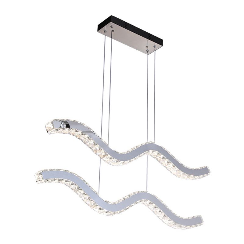 Wavy Crystal Strip Island Pendant Minimalistic Office LED Hanging Light Fixture in Stainless Steel
