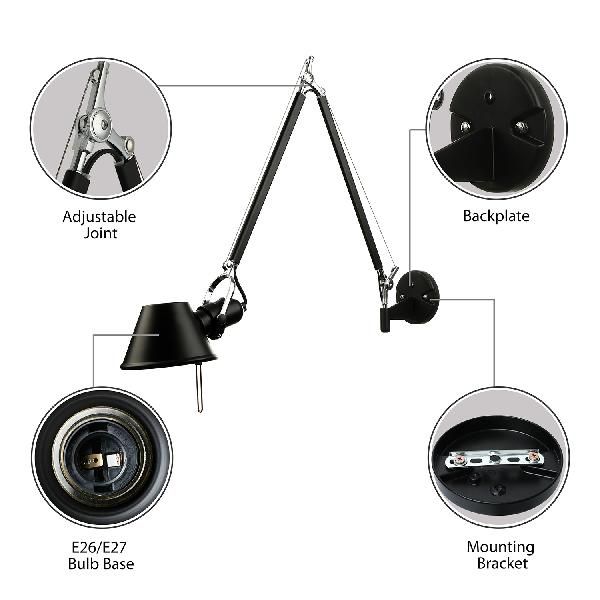 Retro -sich verjüngte Wandbeleuchtung 1 Glühbirnenmetallische Wandmontagelampe mit Schwungarm in Schwarz/Chrom für den Untersuchungsraum