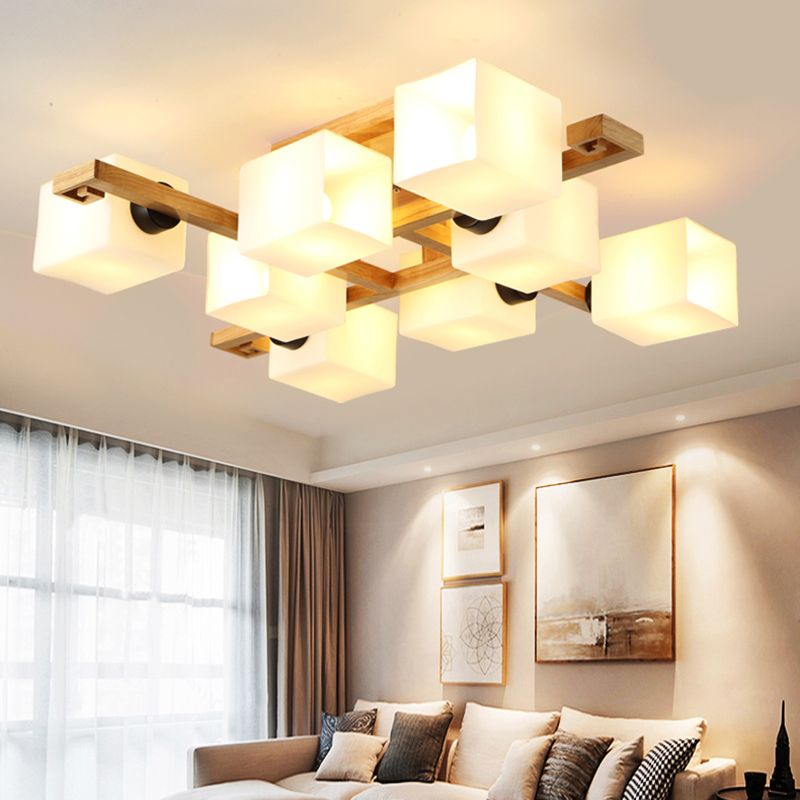 Lustre semi-encastré rectangulaire en verre blanc de style nordique avec auvent en bois pour salon