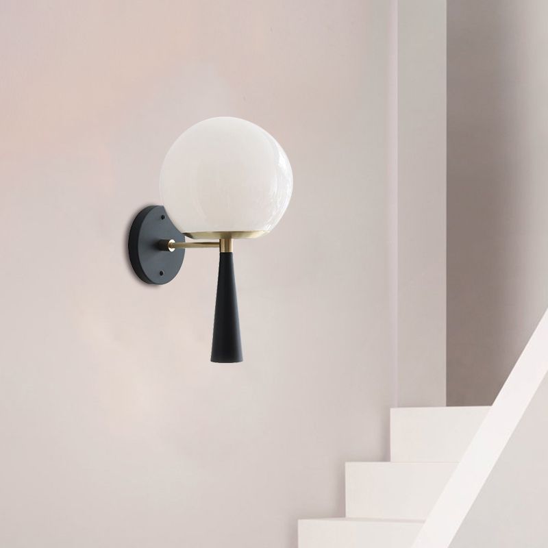White Glass Globe Wall Light Fixture Post Modern 1-Bulb Black Wall Mount Lamp for Bedroom