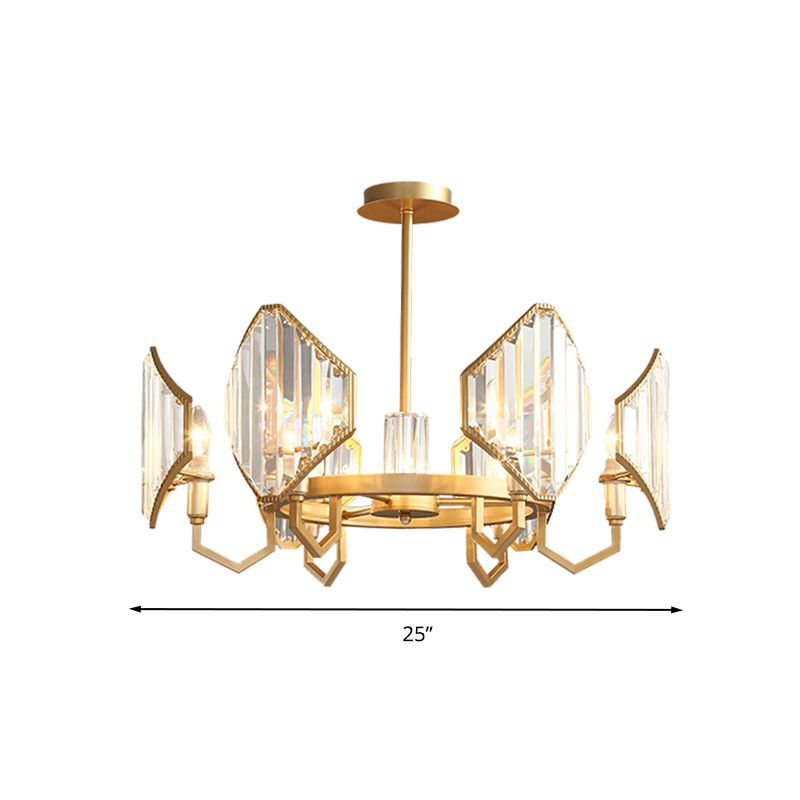 Gold Candle Hanging Pendant Light Postmodern 6/8 Lights Rectangle-Cut Crystal Chandelier Light