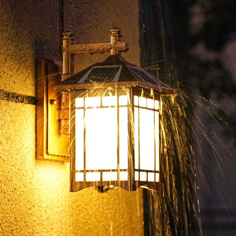 Solar Operated LED House Sconce Light Country Black/Brass Frosted Glass Wall Mounted Light Fixture