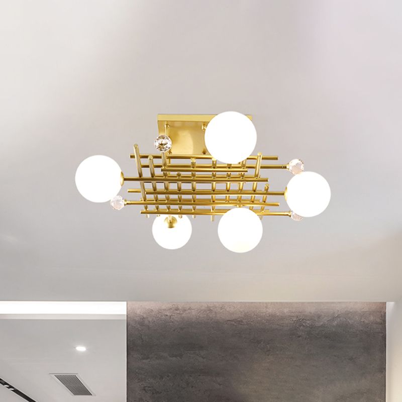 Crossing Linear Semi Flush Light Designer Metallic 5 Lights Brass Flush Mount Ceiling Lamp with Crystal Ball Deco