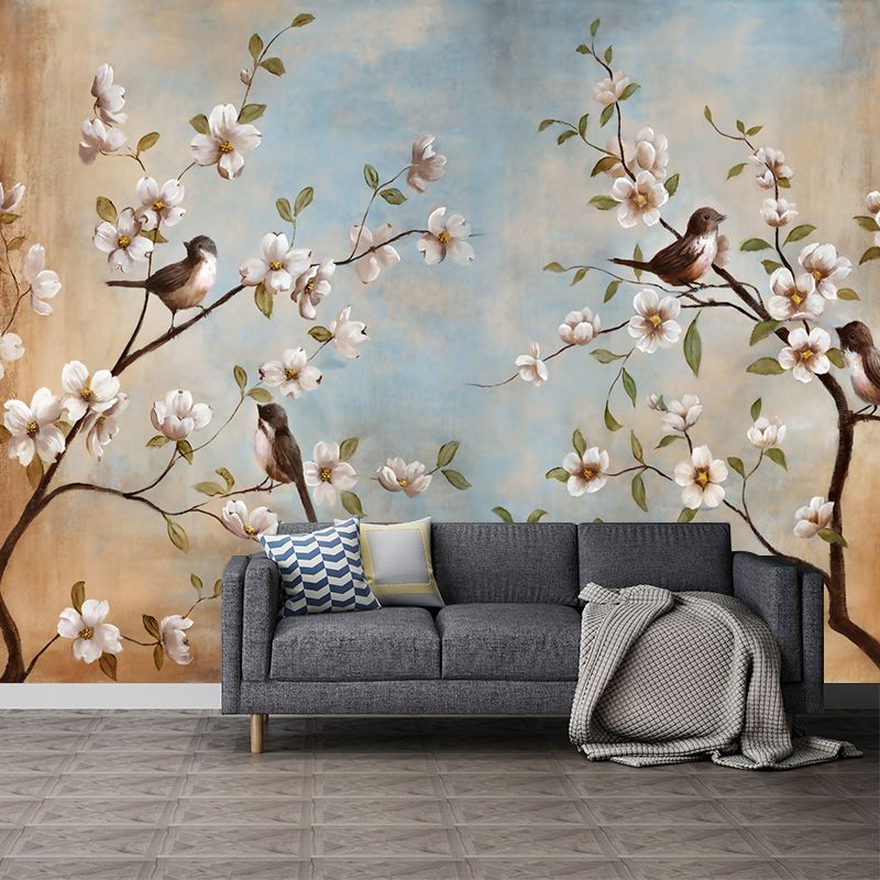 Whole Birds Murals for Wall Contemporary Large Branch with Flowers Wall Art in Blue-Brown