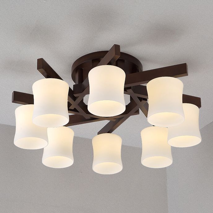 Chinese Style Wooden Semi Flush Mount Lighting White Acrylic Shade Ceiling Lamp for Dining Room