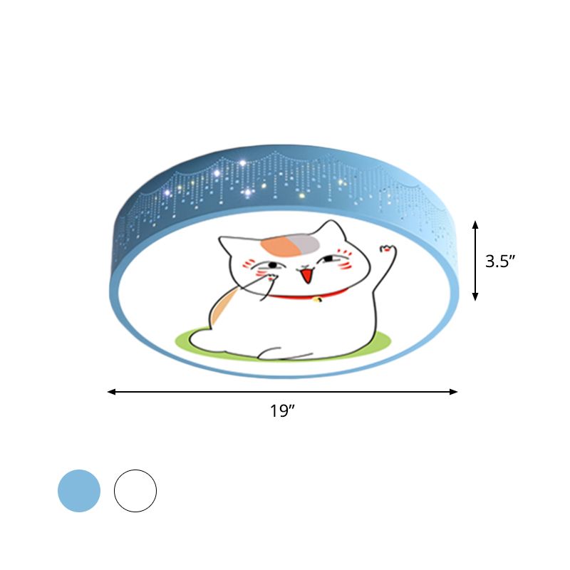 Comic Cat Kids Room Ceiling Flush Mount Iron LED Cartoon Flushmount Lighting in Blue/White