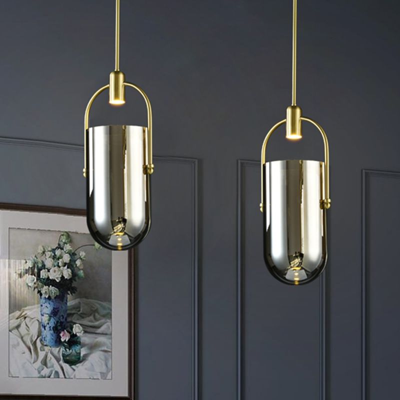 Inverted Elongated Dome Pendant Lamp Retro Novelty Smoke Grey Glass Brass LED Hanging Light with Handle