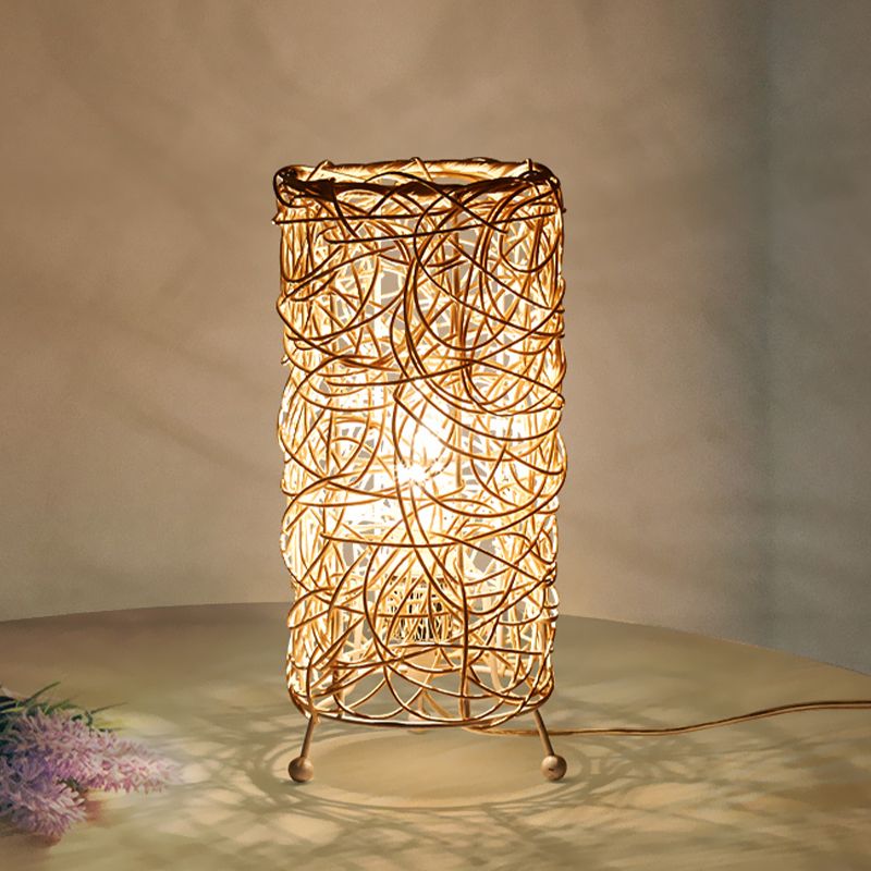Chinese Cylindrical Desk Light Bamboo 1 Bulb Task Lighting in White/Coffee for Living Room