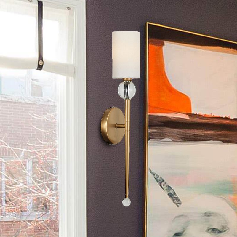 Fabric Cylindrical Wall Mount Light Modern 1 Bulb Living Room Sconce Light with Clear Crystal Accent in Gold