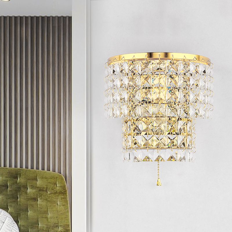 Doppelschicht geschichteter Wandleuchter leichter Vintage -Stil klarer Kristall 1 Leichte Chrom/Gold -Wandmontagelampe mit quadratischer Form, 7 "/10" W.