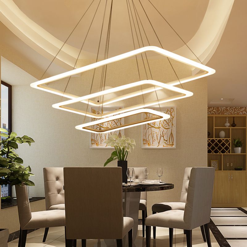 Lampadario a strati rettangolari a sospensione a sospensione contemporanea salone metallico a led luce in bianco