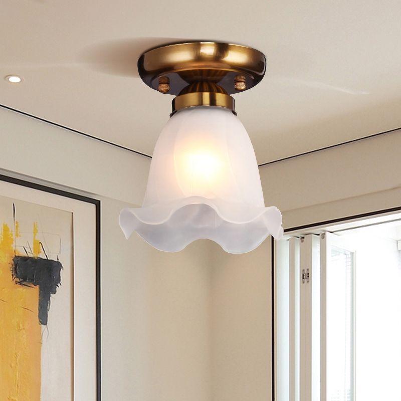 1 Bulb Frosted White Glass Flush Light Rustic Floral Bedroom Ceiling Mount Light Fixture